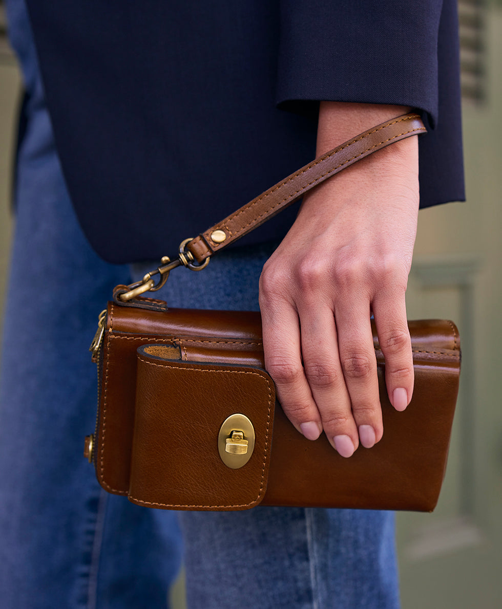 Patricia Nash Avery Phone Crossbody | Vintage Distressed | Cognac