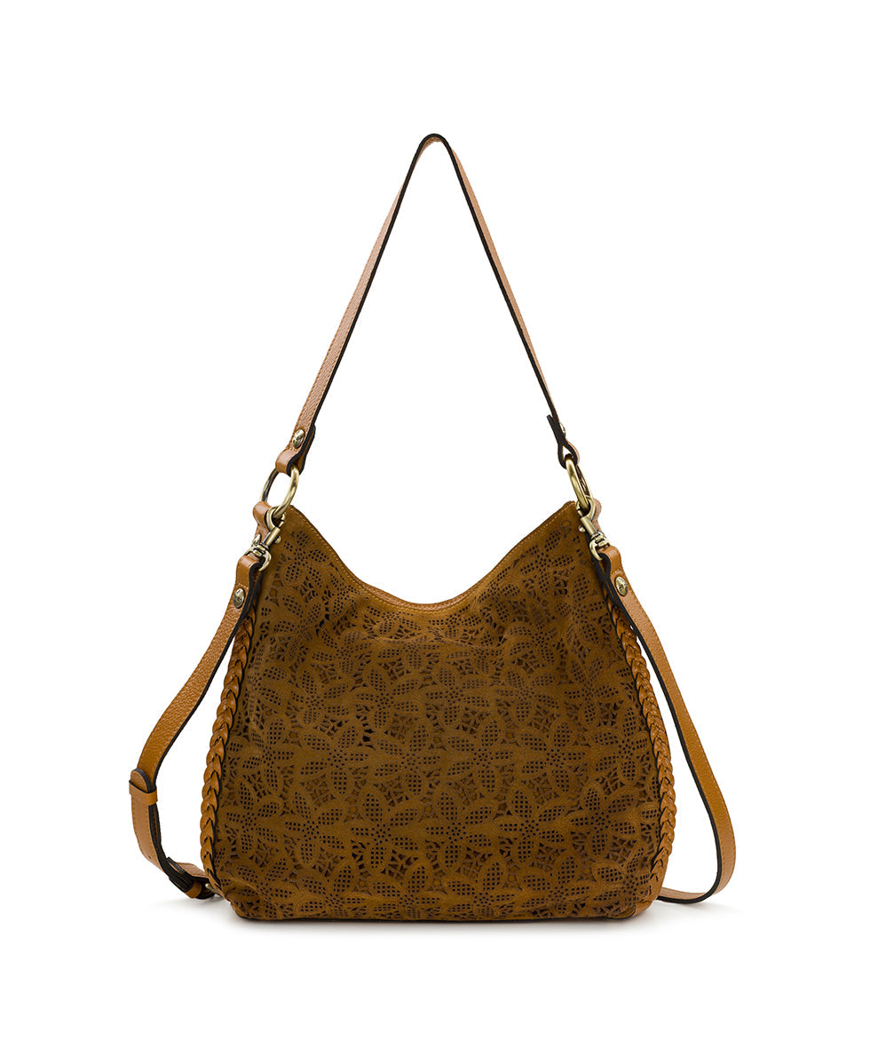 Patricia Nash Kalispell Hobo | Floral Perforated Suede | Light Tan