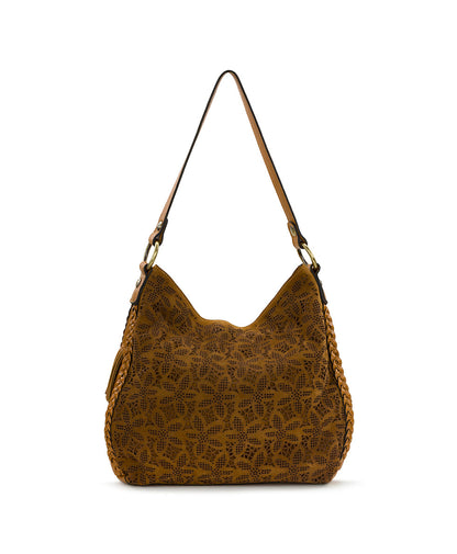 Patricia Nash Kalispell Hobo | Floral Perforated Suede | Light Tan