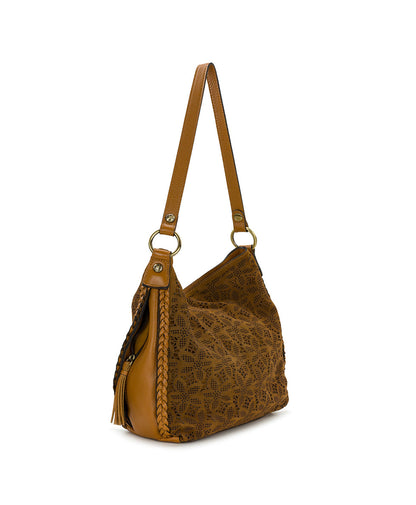 Patricia Nash Kalispell Hobo | Floral Perforated Suede | Light Tan