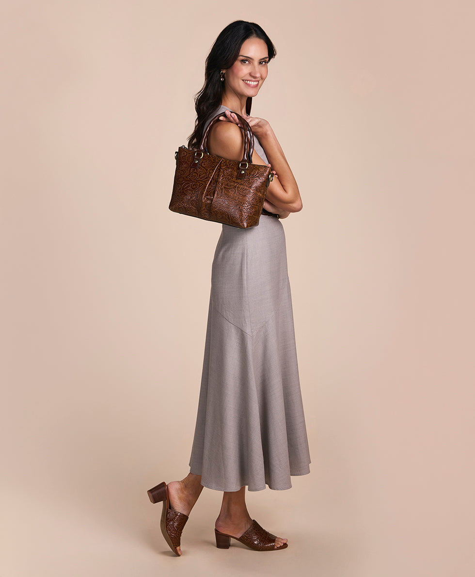 Patricia Nash Zora Top Handle Crossbody | Brazilian Supple Tooled | Cognac