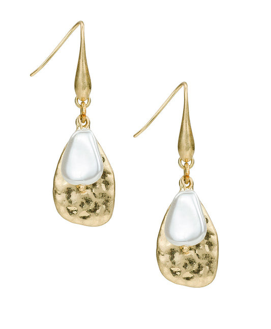 Patricia Nash Tear Drop and Pearl Earrings - Hammered Ring Collection