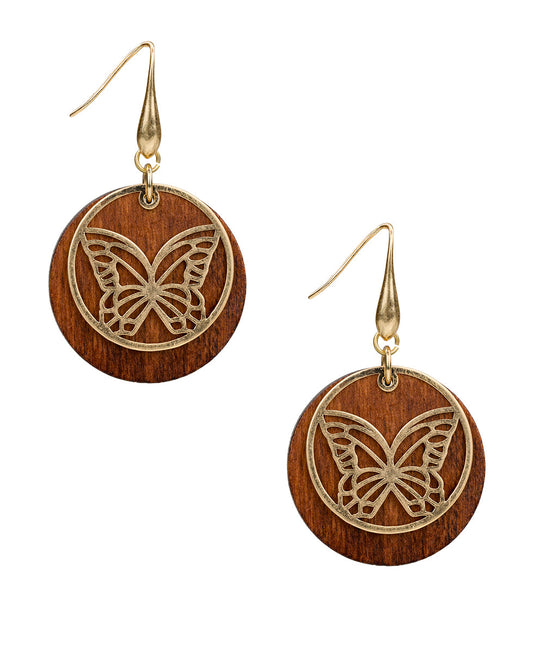 Patricia Nash Butterfly Disc Drop Earrings - Wood Butterfly Collection