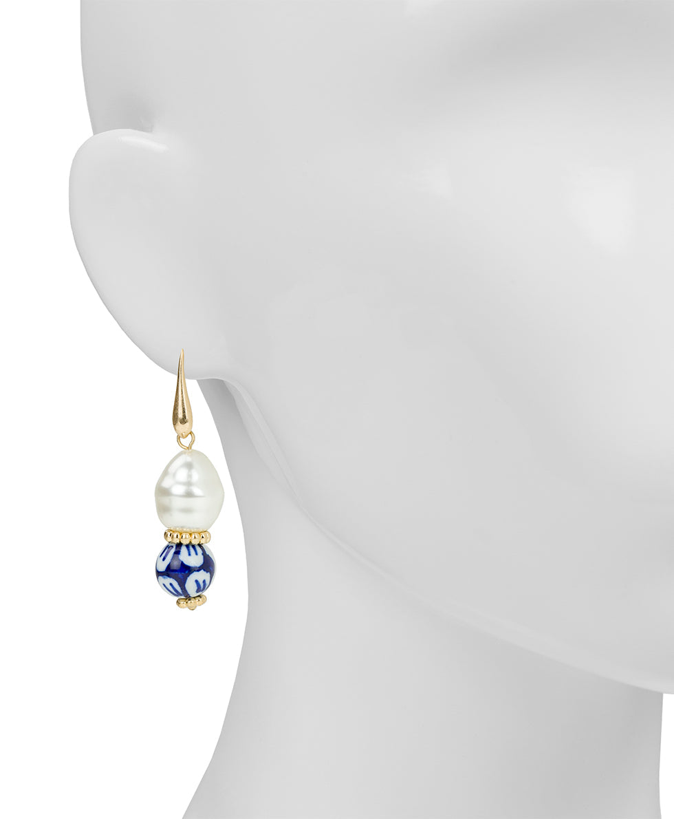Patricia Nash Baroque Pearl Drop Earrings - Blue Ceramic Collection