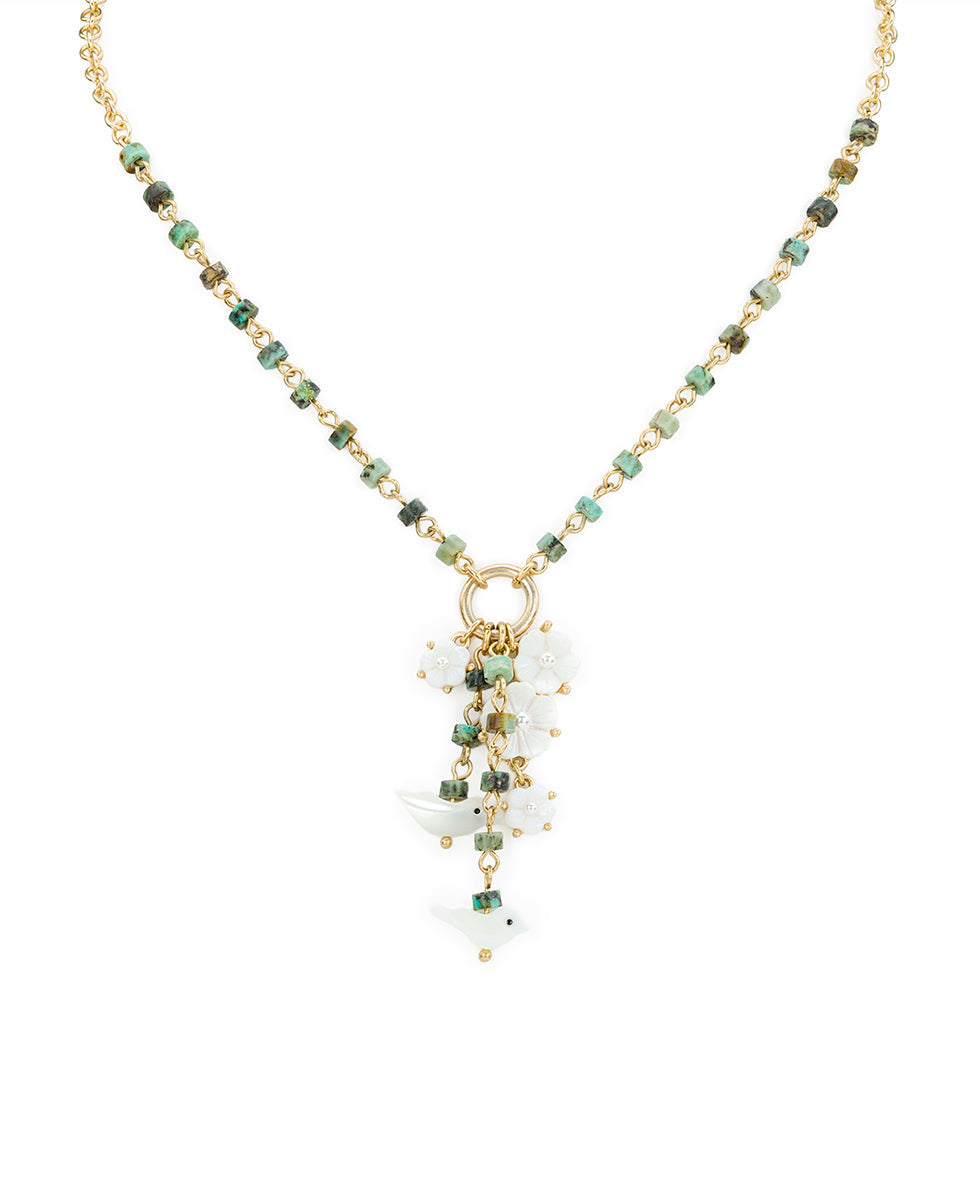Patricia Nash Long Charm Dangle Necklace- Mother of Pearl Bird Collection