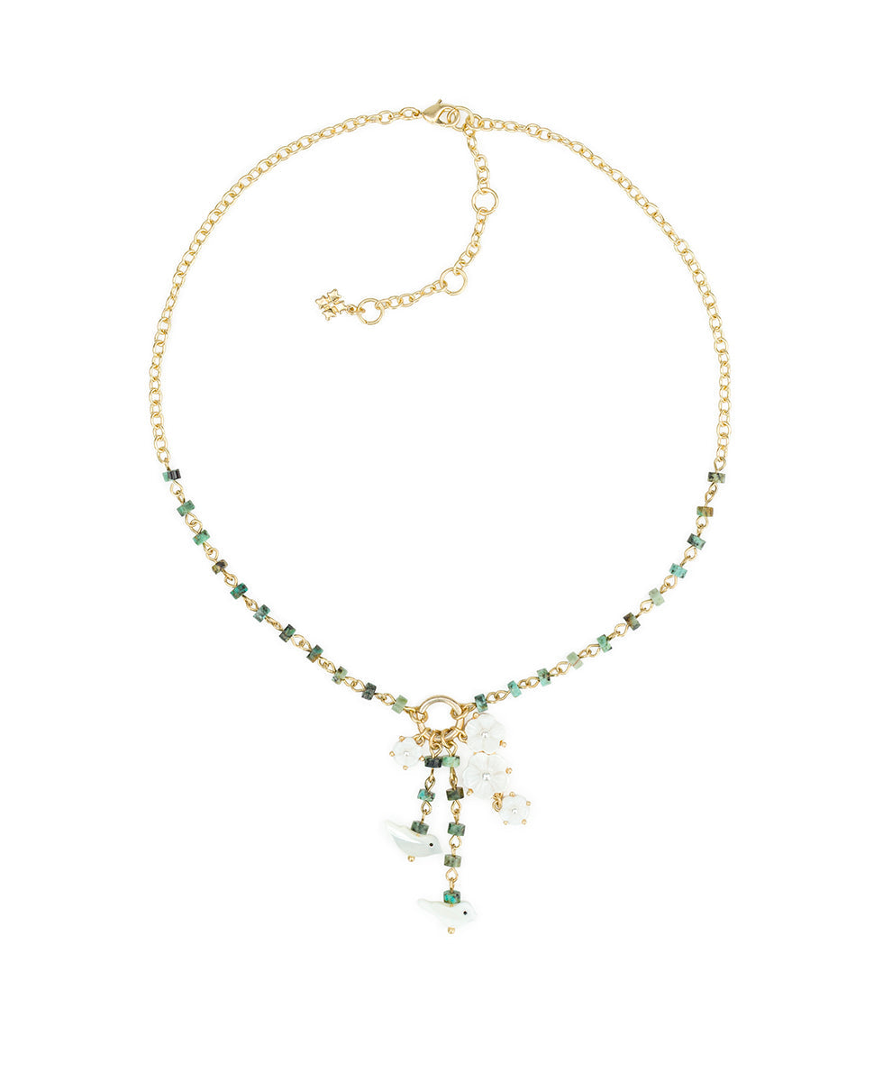 Patricia Nash Long Charm Dangle Necklace- Mother of Pearl Bird Collection
