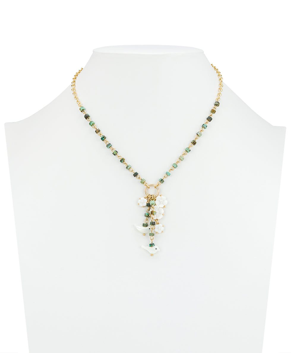 Patricia Nash Long Charm Dangle Necklace- Mother of Pearl Bird Collection