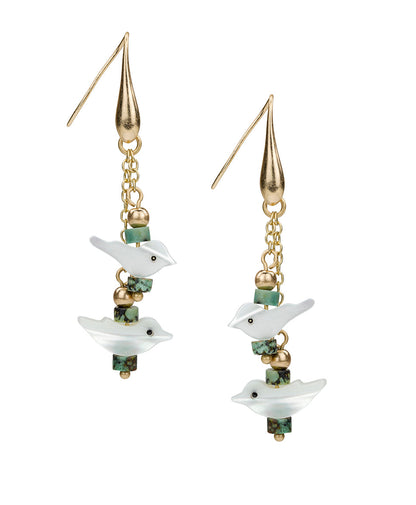 Patricia Nash Double Bird Drop Earrings- Mother of Pearl Bird Collection