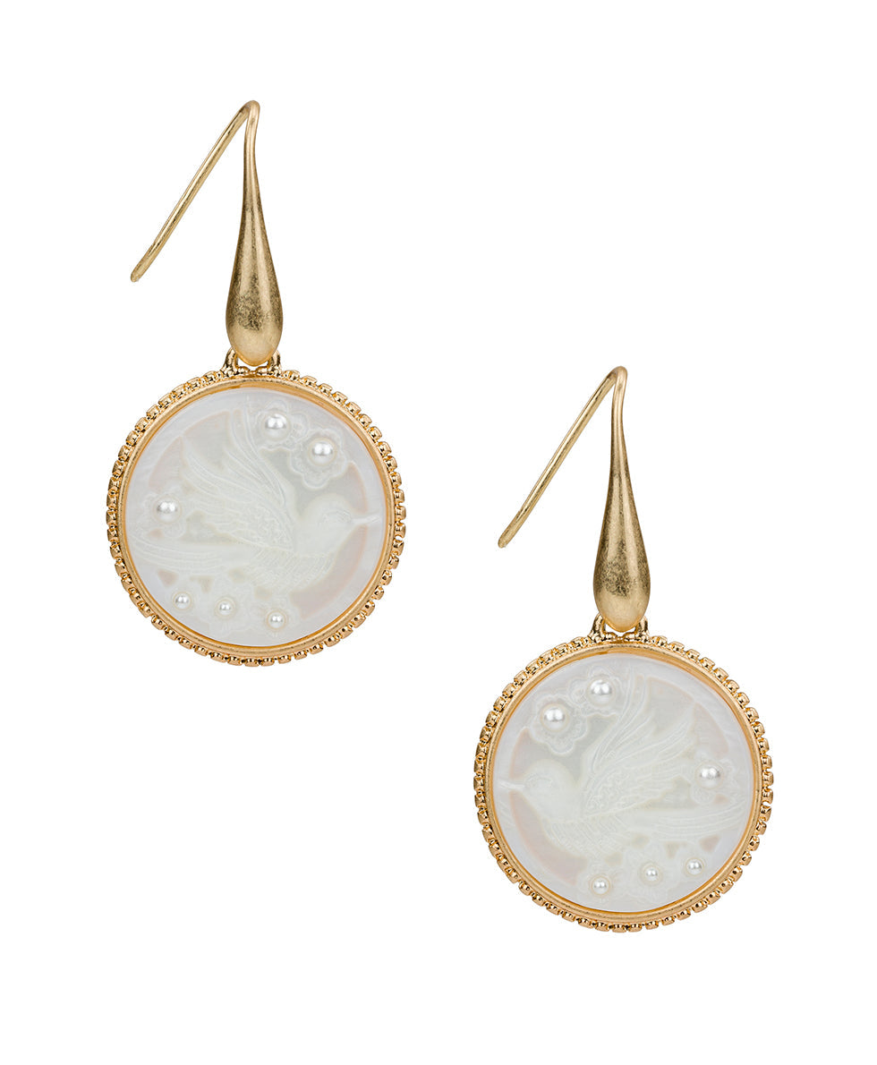 Patricia Nash Carved Bird Drop Earrings - Mother of Pearl Bird Collection
