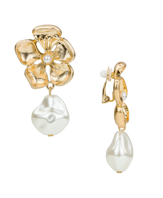 Patricia Nash Large Flower Pearl Drop Clip Earrings - French Garden Collection