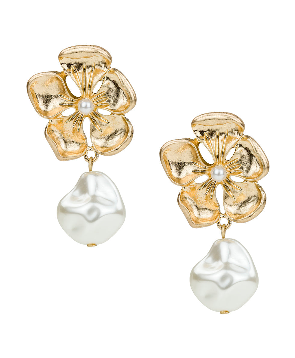 Patricia Nash Large Flower Pearl Drop Post Earrings - French Garden Collection