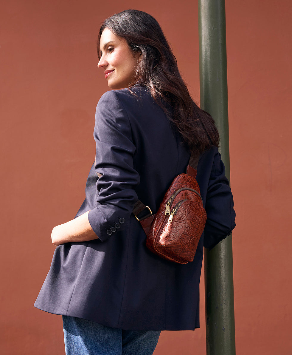 Patricia Nash Louetta Sling | Brazilian Supple Tooled | Cognac