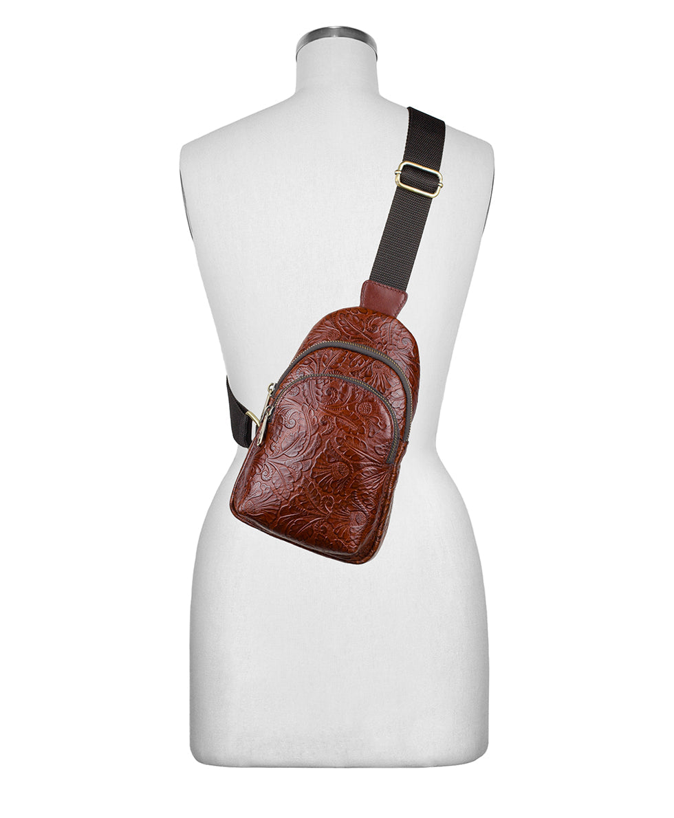 Patricia Nash Louetta Sling | Brazilian Supple Tooled | Cognac