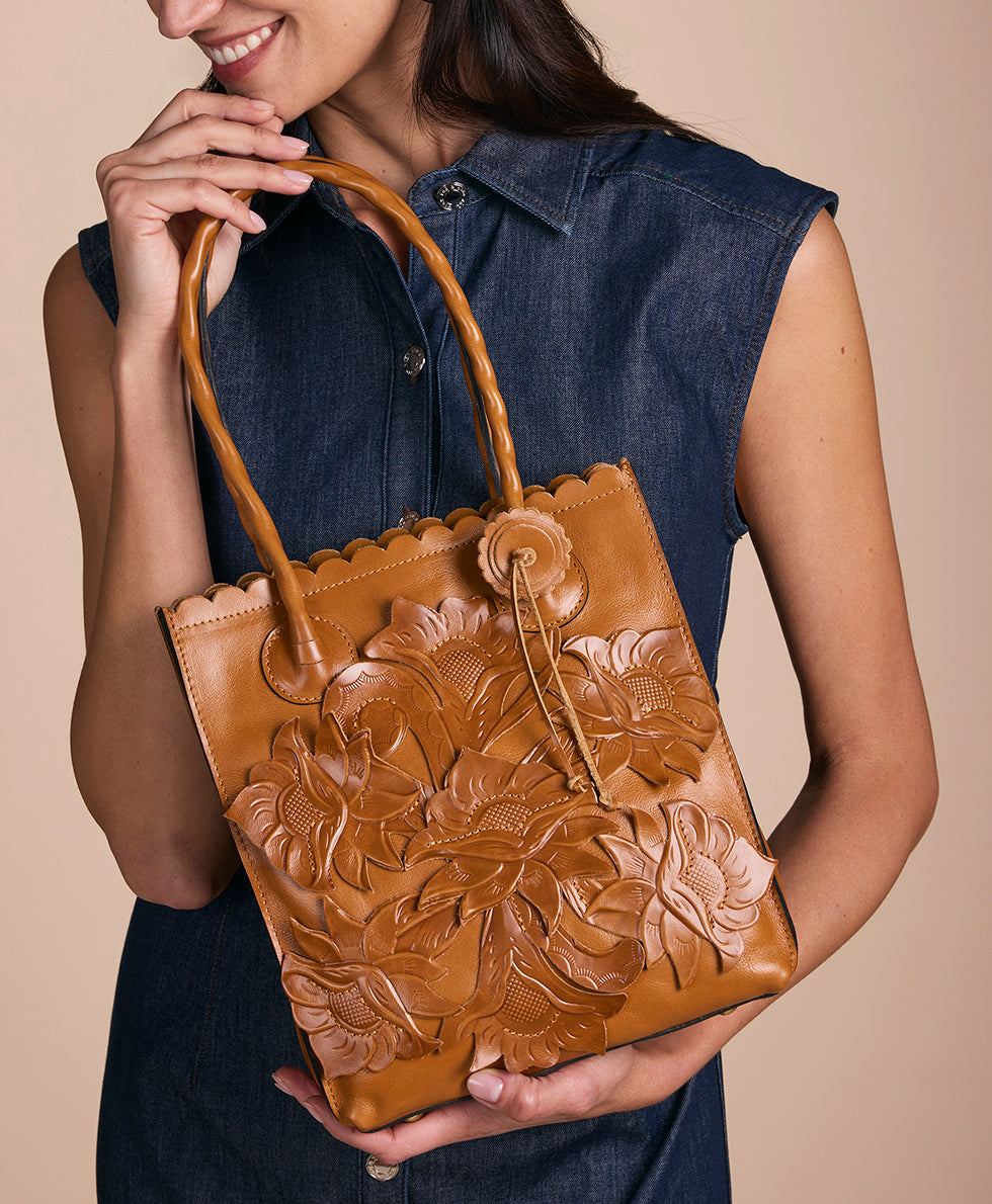 Patricia Nash Charline Tote | Cavo Tooled Applique | Distressed Light Tan