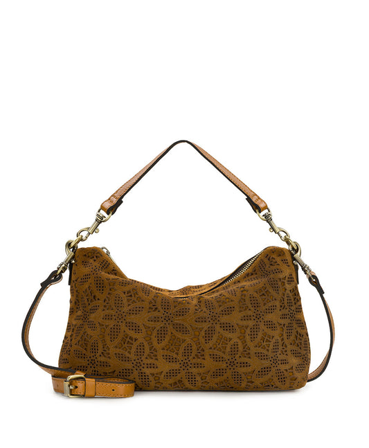 Patricia Nash Kolena Hobo Crossbody | Floral Perforated Suede | Light Tan