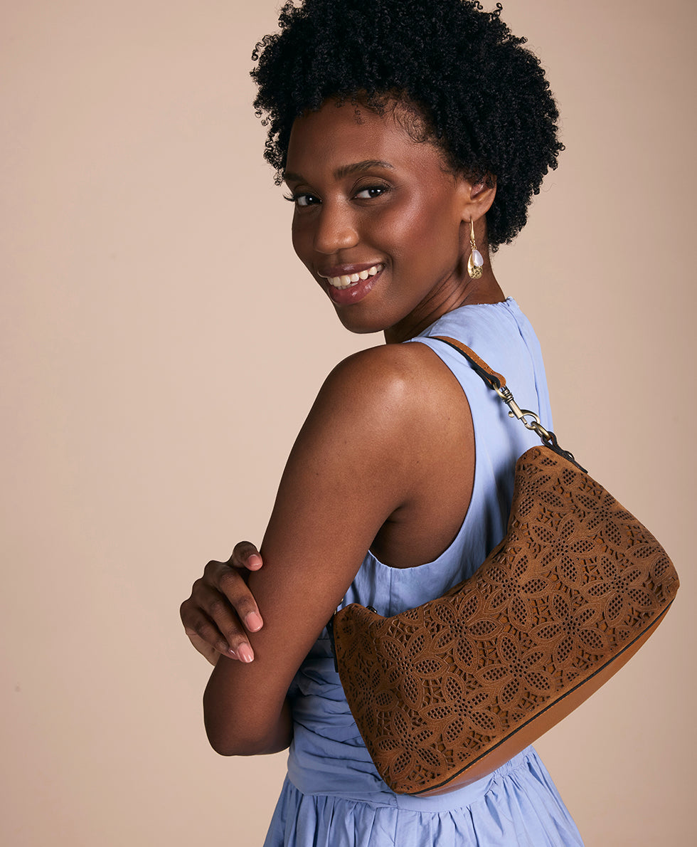 Patricia Nash Kolena Hobo Crossbody | Floral Perforated Suede | Light Tan
