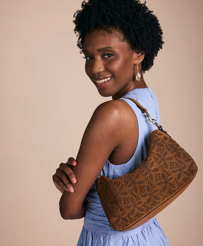 Patricia Nash Kolena Hobo Crossbody | Floral Perforated Suede | Light Tan