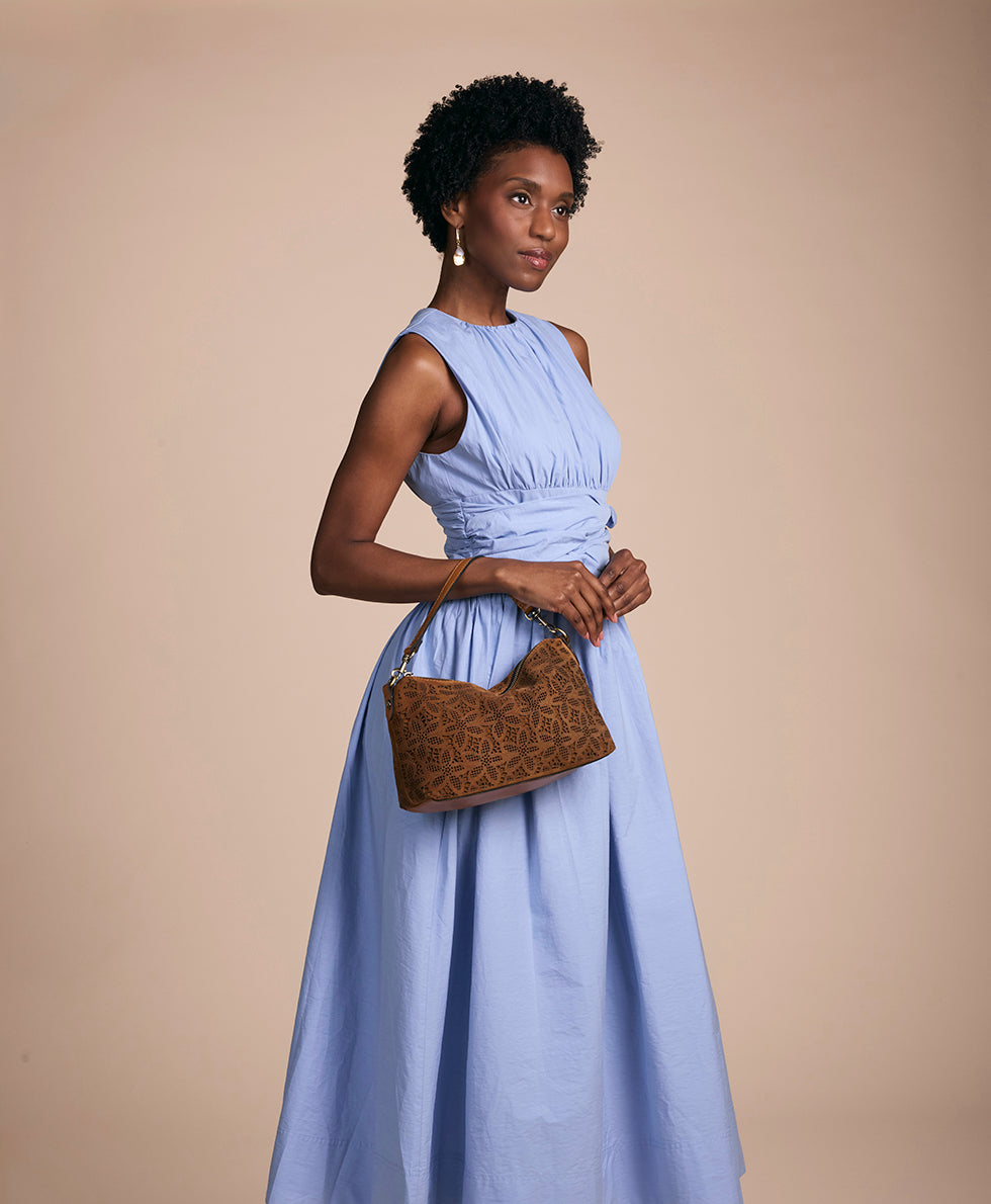 Patricia Nash Kolena Hobo Crossbody | Floral Perforated Suede | Light Tan