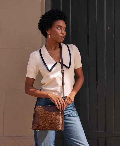 Patricia Nash Ithaca Crossbody | Brazilian Supple Tooled | Cognac