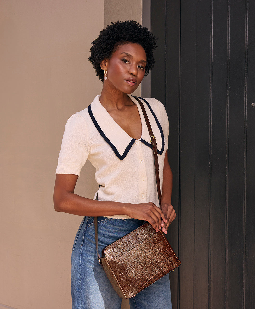 Patricia Nash Ithaca Crossbody | Brazilian Supple Tooled | Cognac