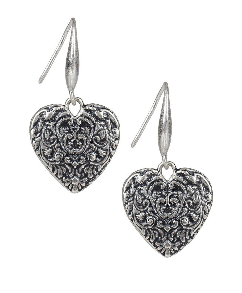 Patricia Nash Tooled Heart Dangle Earrings - Etched Rose