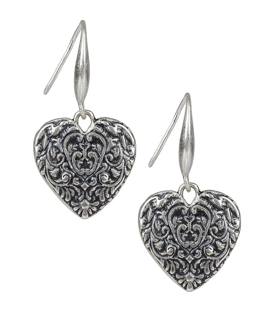 Patricia Nash Tooled Heart Dangle Earrings - Etched Rose