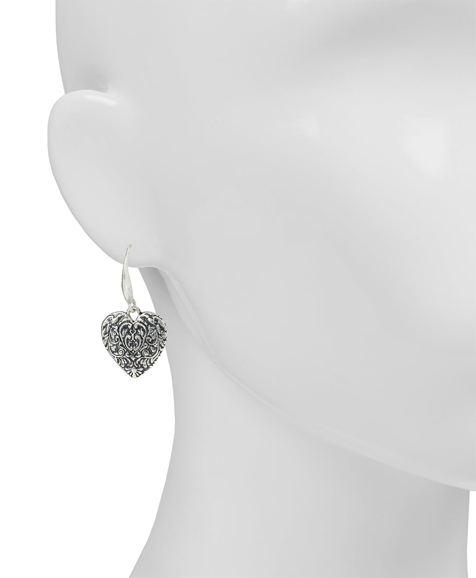 Patricia Nash Tooled Heart Dangle Earrings - Etched Rose